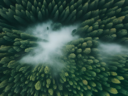 Misty woods seen from above with 3D shadows captivating stormy cinemati Generative AI Generatedの素材