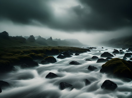 River fog realistic duotone palette storm cinematic. Generative AI Generatedの素材