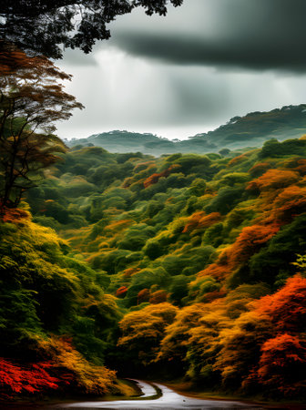 Autumn scenery showcases jungle papercut influence vibrant Kodachrome hue Generative AI Generatedの素材