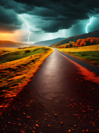Fall landscape with flat footpath neon colors stormy cinematic vibes. Generative AI Generatedの素材