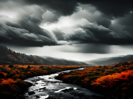 Fall Landscape drawing duotone colors storm cinematic Generative AI Generatedの素材