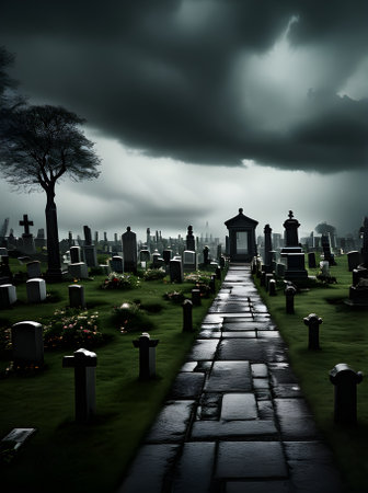 Photorealistic cemetery with dark storm horror cinematic feel. UHD quality Generative AI Generatedの素材