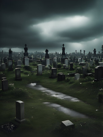 Photorealistic cemetery: dark stormy horror cinematic UHD. Generative AI Generatedの素材