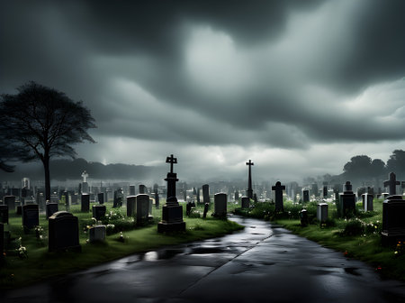 Photorealistic cemetery with dark storm horror cinematic feel. UHD quality Generative AI Generatedの素材