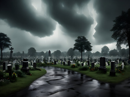 Photorealistic cemetery with dark storm horror cinematic feel. UHD quality Generative AI Generatedの素材