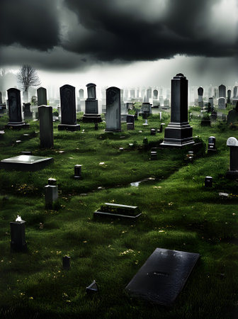 Photorealistic cemetery: dark stormy horror surreal rainbow tones. Generative AI Generatedの素材