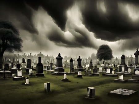Photorealistic cemetery with storm dark ambiance horror surrealism and Generative AI Generatedの素材