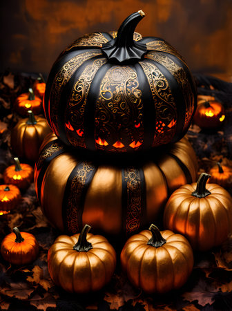 Steampunkthemed hyperrealistic pumpkin: dark duotone palette. Generative AI Generatedの素材