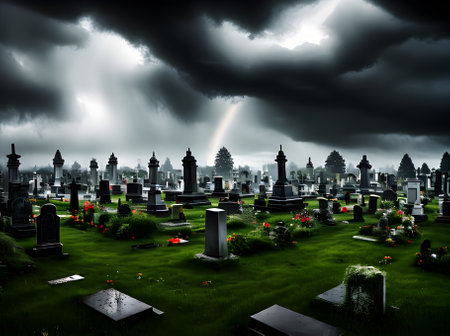 Photorealistic cemetery: dark stormy horror surreal rainbow tones. Generative AI Generatedの素材