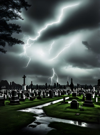 Photorealistic cemetery: dark storm horror noir style with rainbow tones. Generative AI Generatedの素材