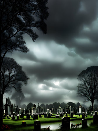 Realistic horror cemetery with dark storm and eerie rainbow tones. Generative AI Generatedの素材