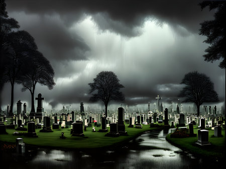 Realistic horror cemetery with dark storm and eerie rainbow tones. Generative AI Generatedの素材
