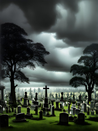 Realistic horror cemetery with dark storm and eerie rainbow tones. Generative AI Generatedの素材