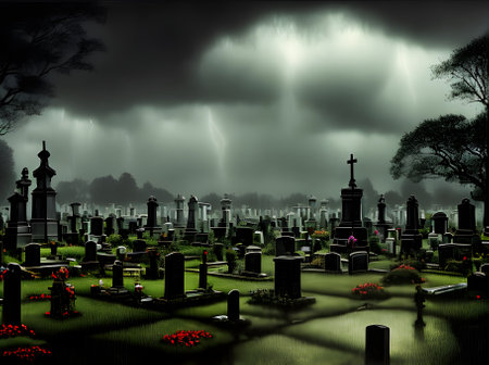 Realistic horror cemetery with dark storm and eerie rainbow tones. Generative AI Generatedの素材