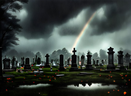 Realistic horror cemetery with dark storm and eerie rainbow tones. Generative AI Generatedの素材