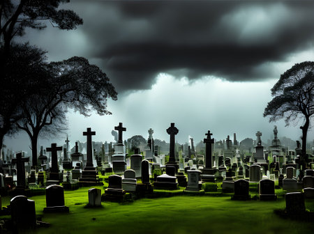 Realistic horror cemetery with dark storm and eerie rainbow tones. Generative AI Generatedの素材