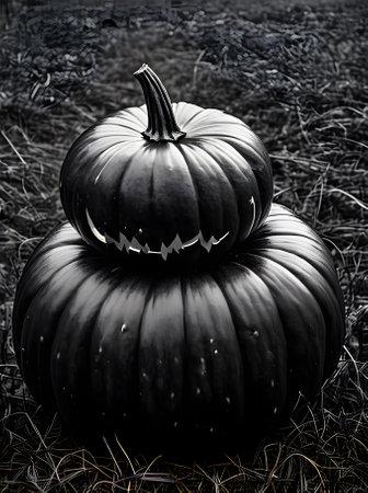 Realistic dark Halloween pumpkin long shot black and white scheme. Generative AI Generatedの素材