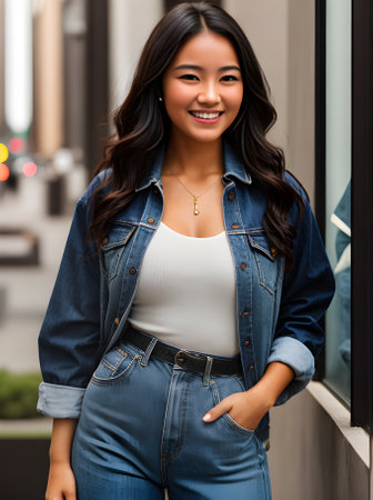 Smiling girl phone in hand medium waist detailed cinematic. Generative AI Generatedの素材