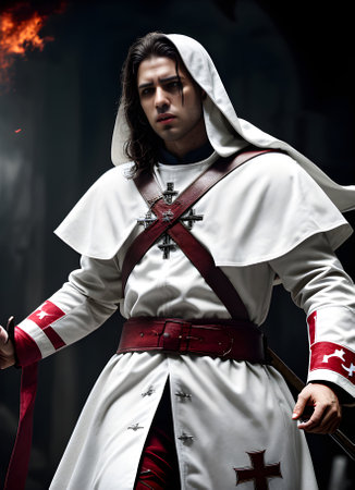 Crusader in white coat: cross blood. Detailed cinematic HDR K battlef Generative AI Generatedの素材