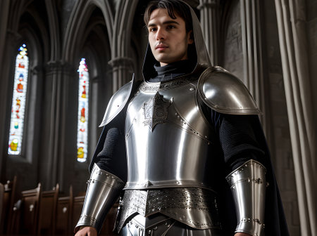 Silverarmored knight wields sword in gothic church evoking cinematic visu Generative AI Generatedの素材