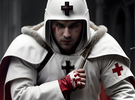 Detailed cinematic HDR: A crusader in a white coat with crosses on a blood Generative AI Generatedの素材