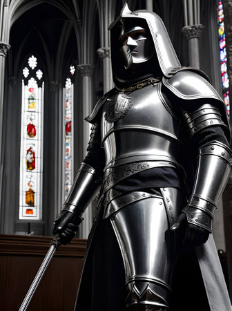 Knight in silver armor gothic church detailed cinematic HDR K. Generative AI Generatedの素材