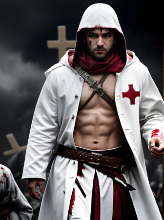 Detailed cinematic HDR: A crusader in a white coat with crosses on a blood Generative AI Generatedの素材