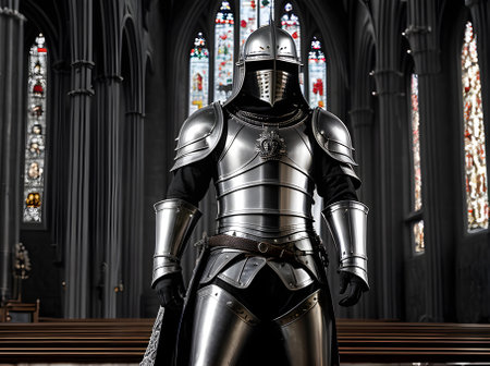 Knight in silver armor gothic church detailed cinematic HDR K. Generative AI Generatedの素材