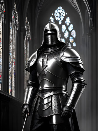 Knight in silver armor gothic church cinematic feel high detail HDR Generative AI Generatedの素材