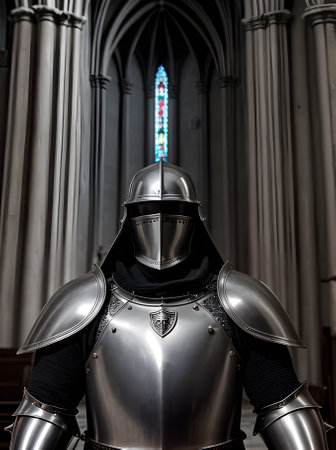 Knight in silver armor in gothic church cinematic HDR high detail K re Generative AI Generatedの素材