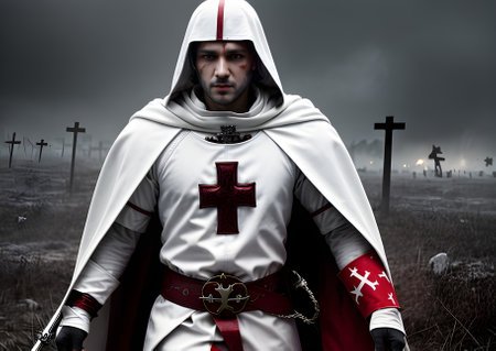 Crusader in white coat crosses blood battlefield detailed cinematic H Generative AI Generatedの素材