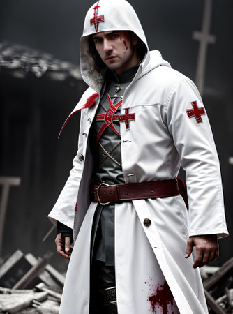 Crusader in white crossadorned coat battles in HD resolution with intense Generative AI Generatedの素材