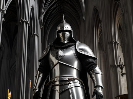 Knight in silver armor in gothic church cinematic HDR high detail K re Generative AI Generatedの素材