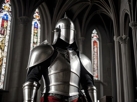 Knight in silver armor gothic church cinematic HDR detailed at sunset Generative AI Generatedの素材