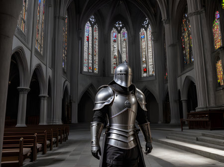 Cinematic HDR: Gothic church sunset detailed knight in silver armor maxi Generative AI Generatedの素材