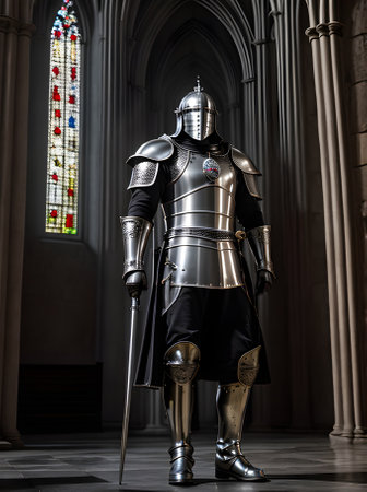 Knight in silver armor in gothic church during sunset detailed cinematic Generative AI Generatedの素材