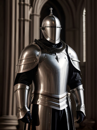 Knight in silver armor gothic church cinematic HDR detailed at sunset Generative AI Generatedの素材