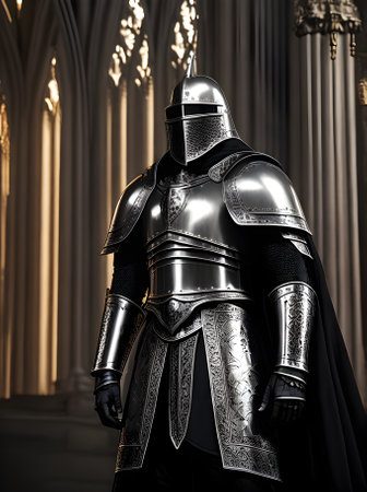 Knight in silver armor in gothic church at sunset cinematic HDR maximum Generative AI Generatedの素材