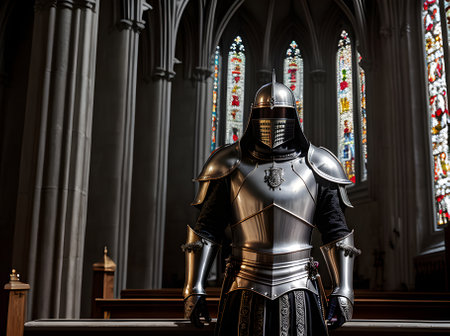 Knight in silver armor in gothic church during sunset detailed cinematic Generative AI Generatedの素材