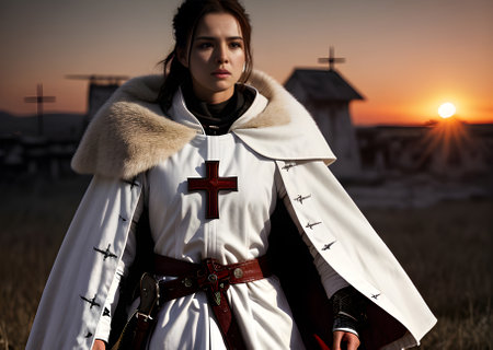 Crusader in white coat bearing crosses bloodstained battlefield with suns Generative AI Generatedの素材