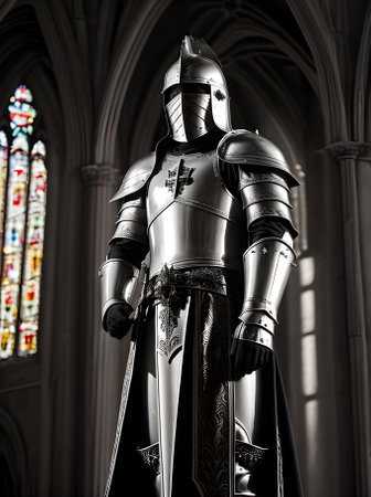 Cinematic HDR: Gothic church sunset detailed knight in silver armor maxi Generative AI Generatedの素材