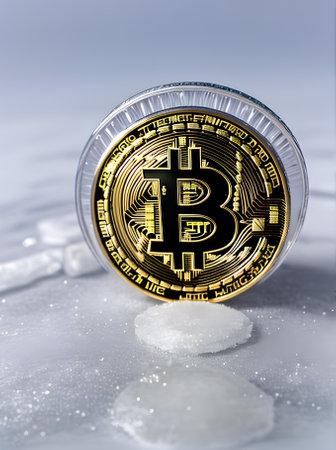 Hightech finance crypto with visible coins inside ice surrounded by frost Generative AI Generatedの素材
