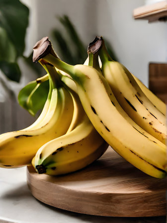 Realistic bananas closeup neutral colors warm lighting cozy atmosphere Generative AI Generatedの素材