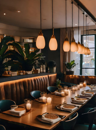 POV banans neutral colors warm lighting cozy restaurant highly detaile Generative AI Generatedの素材