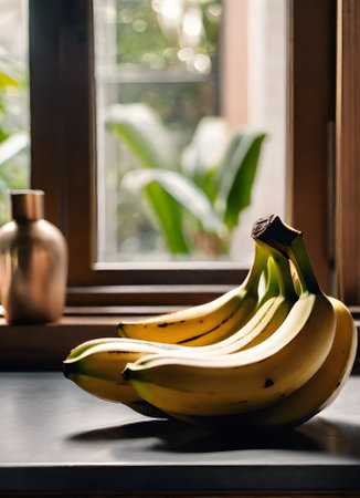 Realistic bananas closeup neutral colors warm lighting cozy atmosphere Generative AI Generatedの素材