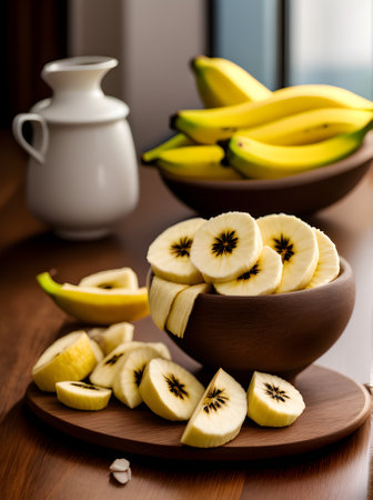 Hyper realistic bananas medium shot neutral colors warm lighting cozy a Generative AI Generatedの素材