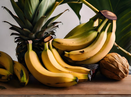 Hyper realistic bananas long shot neutral colors warm lighting cozy atm Generative AI Generatedの素材