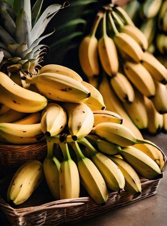 Hyperealistic bananas in a warm cozy market neutral colors high quality Generative AI Generatedの素材