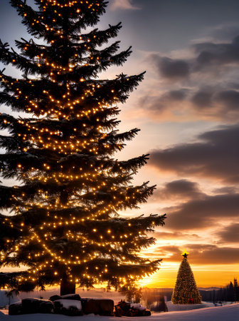 Cosy Xmas tree sunset detailed cinematic HDR K. Generative AI Generatedの素材