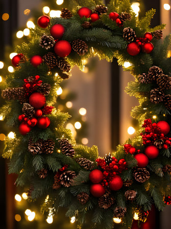 Detailed cinematic HDR cozy Christmas wreath. Generative AI Generatedの素材
